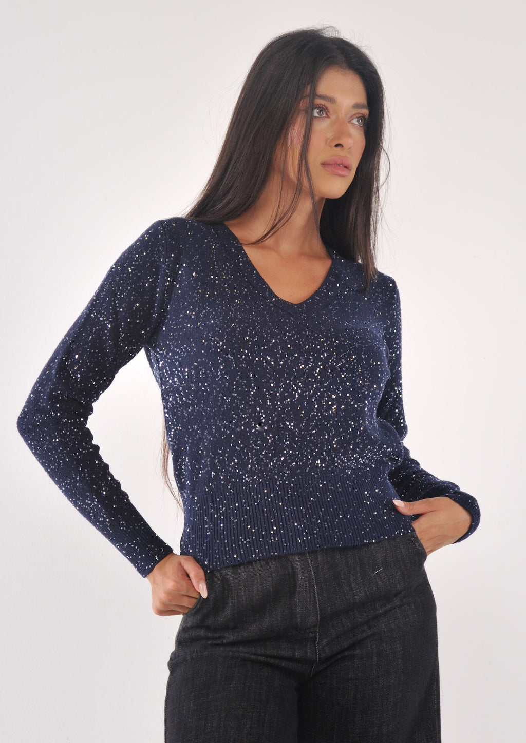 Maglia scollo V con paillettes
